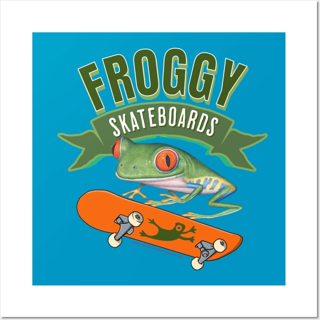 Cute and Funny Red Eyed Tree Frog using a flying frogs skateboard having a wonder time boarding Wall Art by Danny Gordon Art